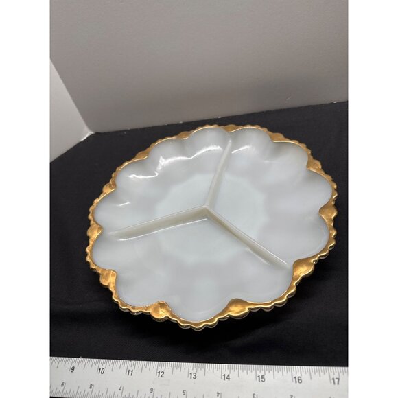 Vintage Fire King Milk Glass 3-Section Divided Relish Tray 16.48Dish With Gold T - Picture 1 of 6